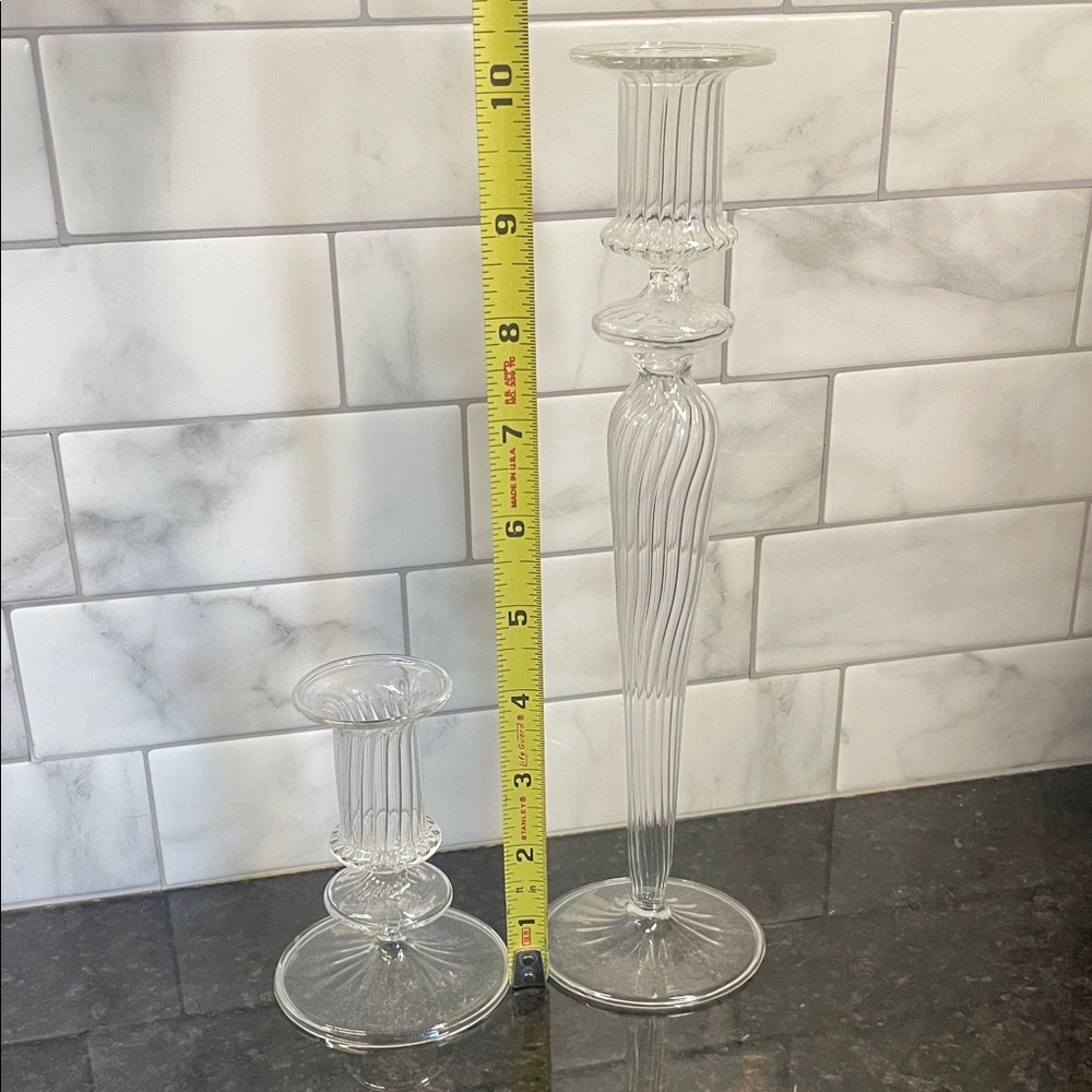 Rippled Clear Glass Taper Candle Holder Set